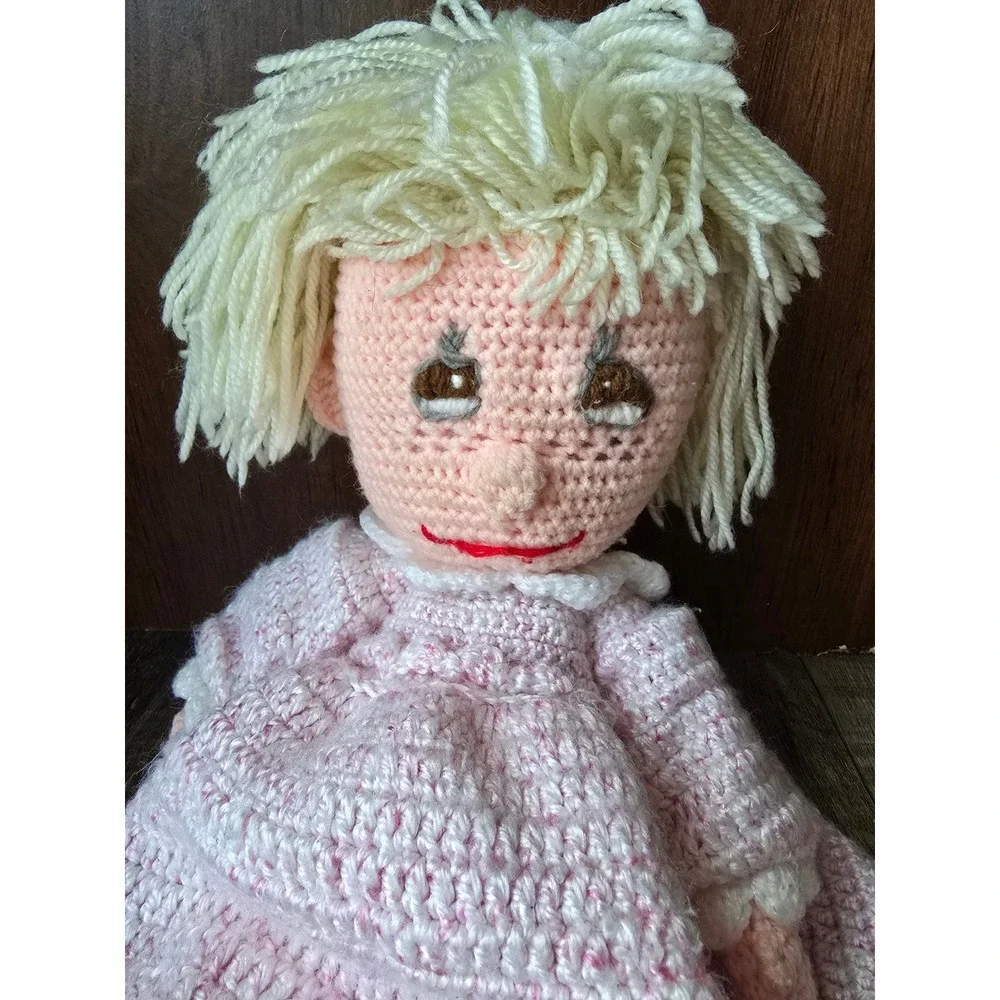 Vintage Handmade Crochet Doll Blonde Hair Pink Dress Amigurumi Soft Toy‎ Plush